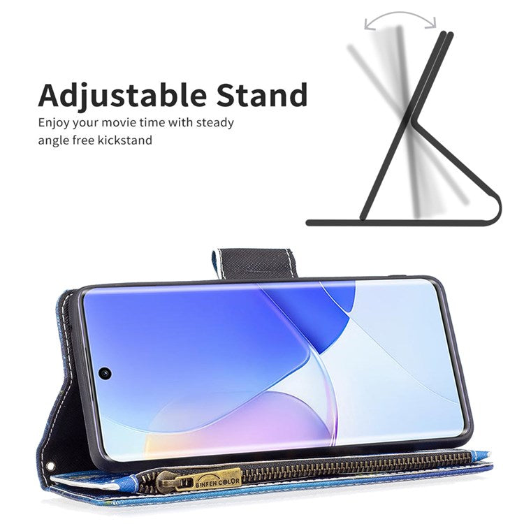 BF Pattern Printing Leather Series-4 for Honor 50/Huawei nova 9, 03 Pattern Printing Wallet Full Protection Zipper Pocket PU Leather Anti-fall Case Stand Shell - Golden Butterflies