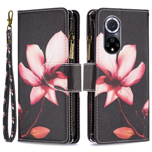 BF Pattern Printing Leather Series-4 for Honor 50/Huawei nova 9, 03 Pattern Printing Wallet Full Protection Zipper Pocket PU Leather Anti-fall Case Stand Shell - Flower