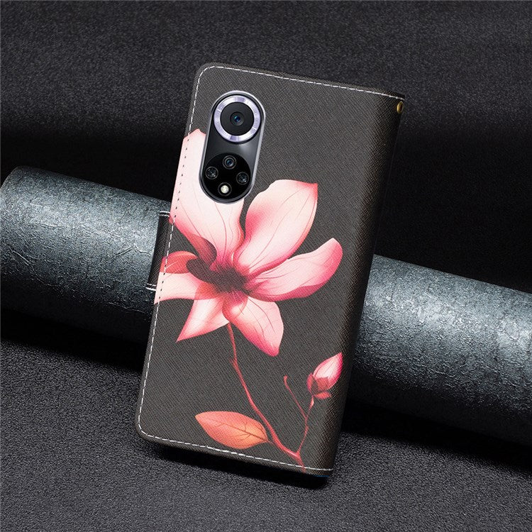 BF Pattern Printing Leather Series-4 for Honor 50/Huawei nova 9, 03 Pattern Printing Wallet Full Protection Zipper Pocket PU Leather Anti-fall Case Stand Shell - Flower