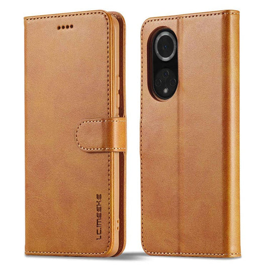 LC.IMEEKE for Huawei nova 9/Honor 50 Textured PU Leather Flip Folio Horizontal Stand Wallet Case Phone Case Cover - Light Brown