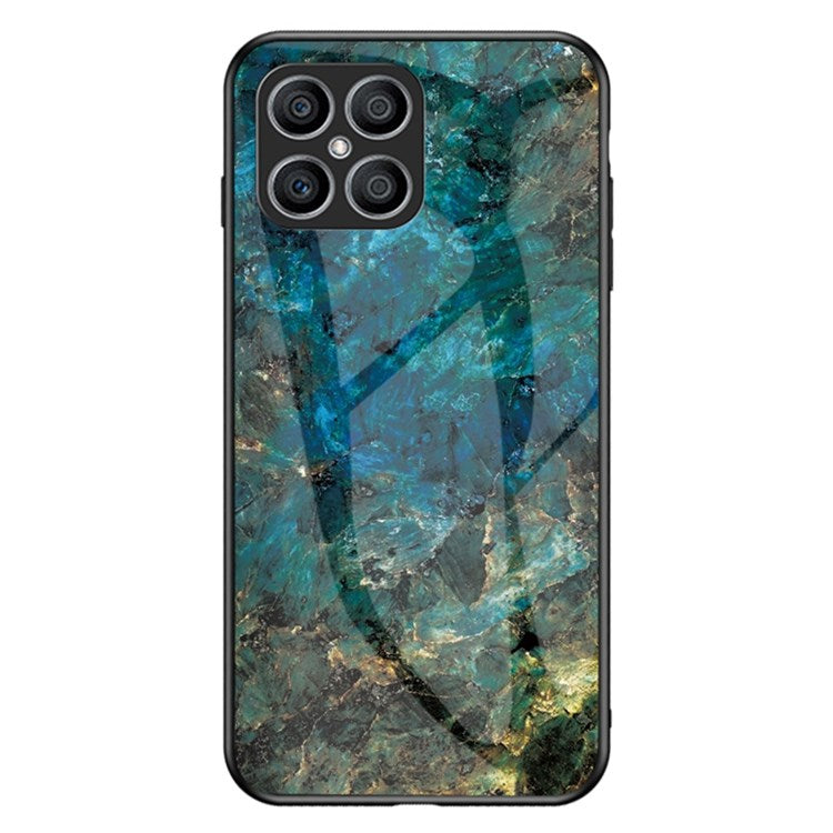 Tempered Glass + PC Back Cover for Honor X8 4G, Stylish Marble Pattern TPU Bumper Phone Shell - Emerald Marble
