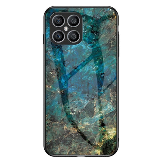 Tempered Glass + PC Back Cover for Honor X8 4G, Stylish Marble Pattern TPU Bumper Phone Shell - Emerald Marble