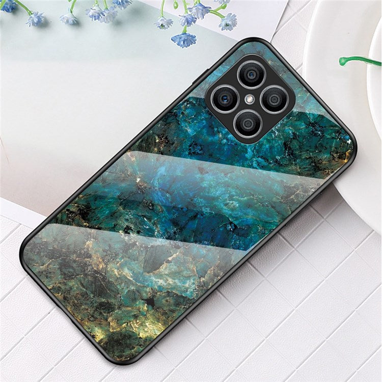 Tempered Glass + PC Back Cover for Honor X8 4G, Stylish Marble Pattern TPU Bumper Phone Shell - Emerald Marble