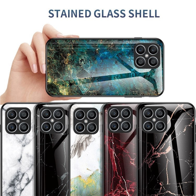Tempered Glass + PC Back Cover for Honor X8 4G, Stylish Marble Pattern TPU Bumper Phone Shell - Emerald Marble