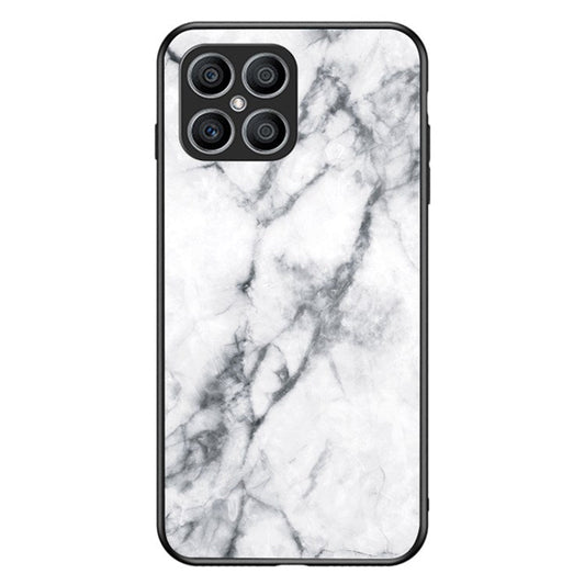 Tempered Glass + PC Back Cover for Honor X8 4G, Stylish Marble Pattern TPU Bumper Phone Shell - White Marble