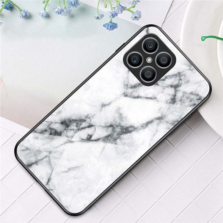 Tempered Glass + PC Back Cover for Honor X8 4G, Stylish Marble Pattern TPU Bumper Phone Shell - White Marble