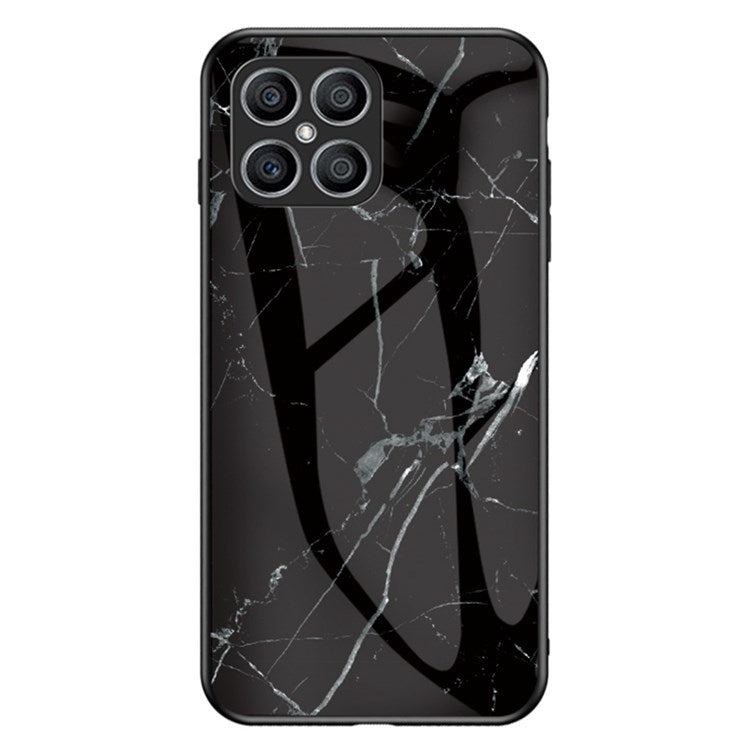 Tempered Glass + PC Back Cover for Honor X8 4G, Stylish Marble Pattern TPU Bumper Phone Shell - Black Marble