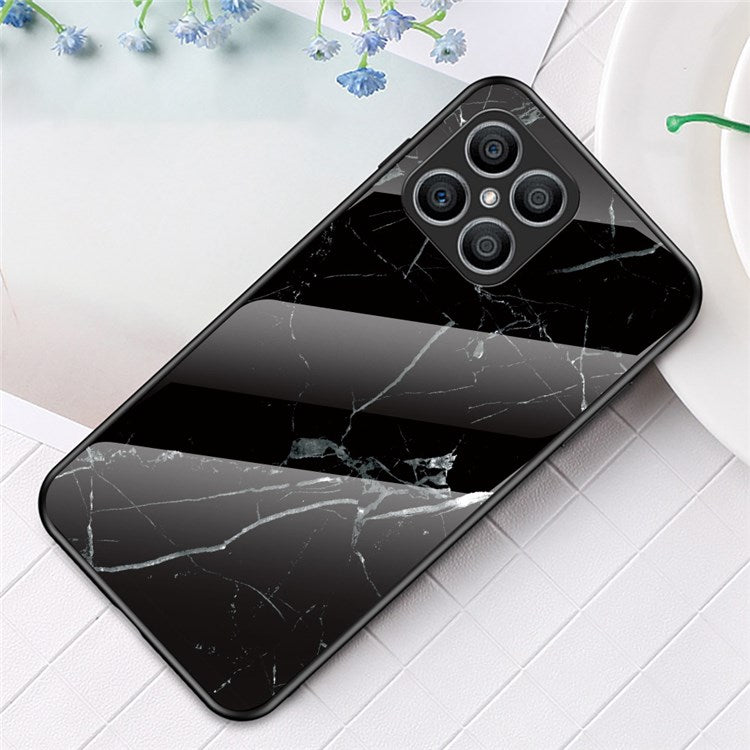Tempered Glass + PC Back Cover for Honor X8 4G, Stylish Marble Pattern TPU Bumper Phone Shell - Black Marble
