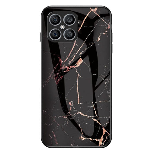 Tempered Glass + PC Back Cover for Honor X8 4G, Stylish Marble Pattern TPU Bumper Phone Shell - Gold Black Marble