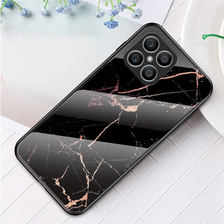 Tempered Glass + PC Back Cover for Honor X8 4G, Stylish Marble Pattern TPU Bumper Phone Shell - Gold Black Marble