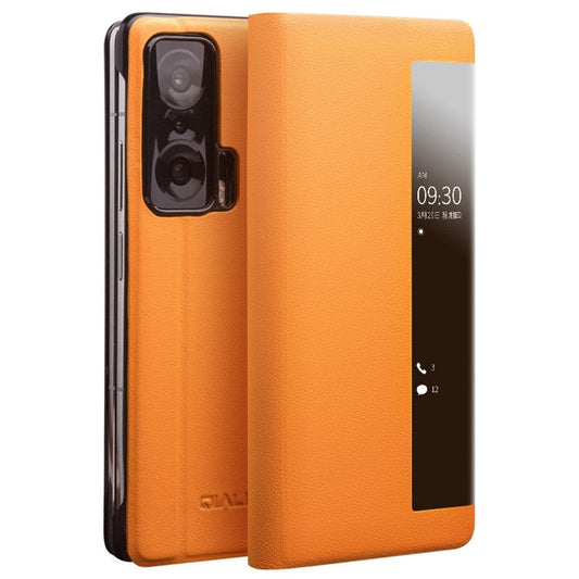 QIALINO For Honor Magic V Genuine Cowhide Leather Stand Case Folio Flip Phone Cover with View Window and Auto Wake/Sleep - Yellow