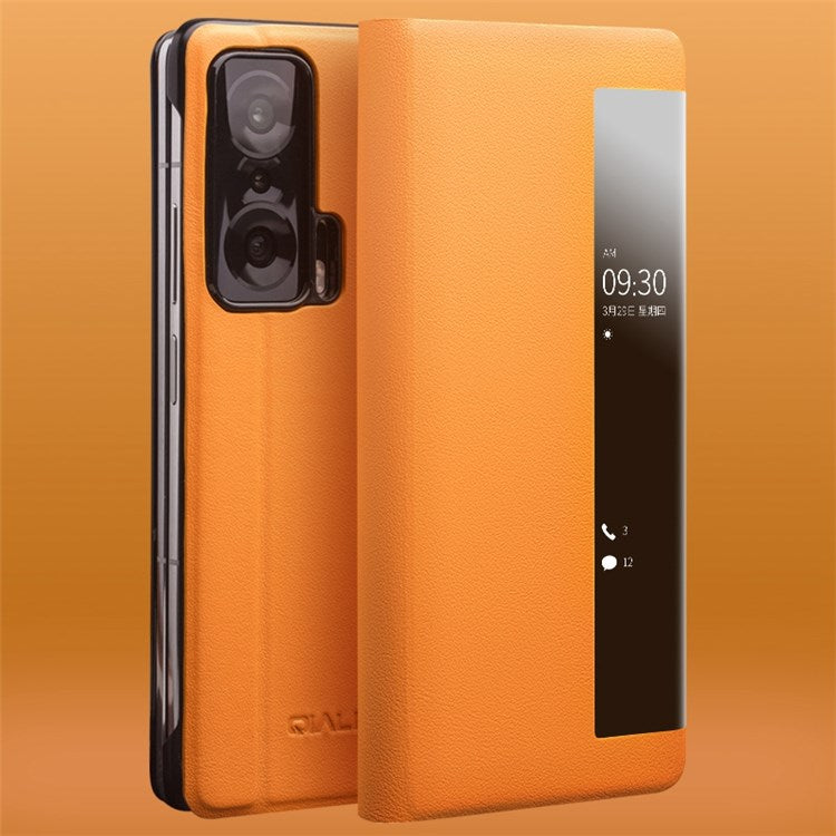 QIALINO For Honor Magic V Genuine Cowhide Leather Stand Case Folio Flip Phone Cover with View Window and Auto Wake/Sleep - Yellow