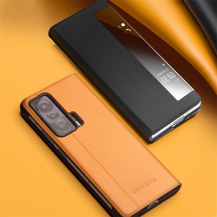 QIALINO For Honor Magic V Genuine Cowhide Leather Stand Case Folio Flip Phone Cover with View Window and Auto Wake/Sleep - Yellow