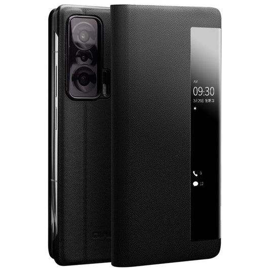 QIALINO For Honor Magic V Genuine Cowhide Leather Stand Case Folio Flip Phone Cover with View Window and Auto Wake/Sleep - Black