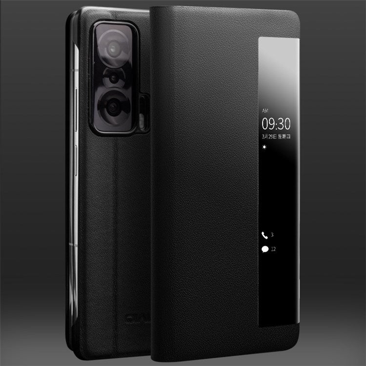 QIALINO For Honor Magic V Genuine Cowhide Leather Stand Case Folio Flip Phone Cover with View Window and Auto Wake/Sleep - Black