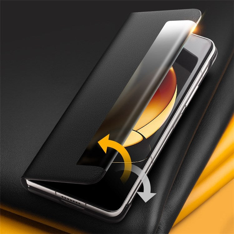 QIALINO For Honor Magic V Genuine Cowhide Leather Stand Case Folio Flip Phone Cover with View Window and Auto Wake/Sleep - Black