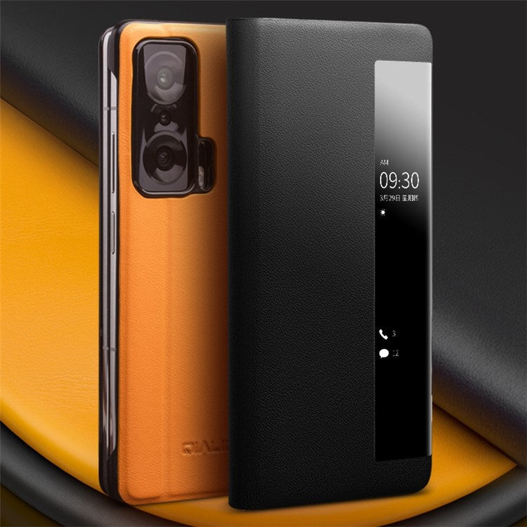 QIALINO For Honor Magic V Genuine Cowhide Leather Stand Case Folio Flip Phone Cover with View Window and Auto Wake/Sleep - Black