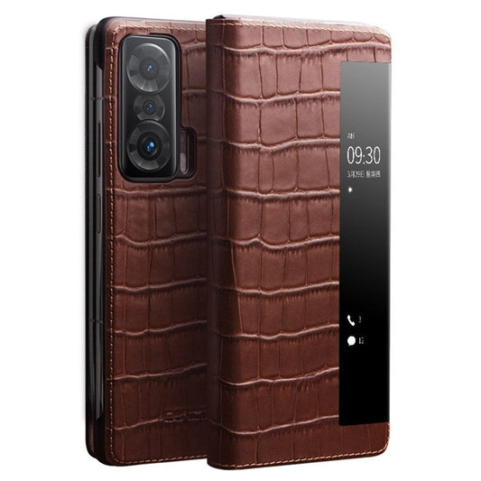 QIALINO For Honor Magic V View Window Crocodile Texture Genuine Cowhide Leather Stand Case Phone Shell with Auto Wake/Sleep - Brown
