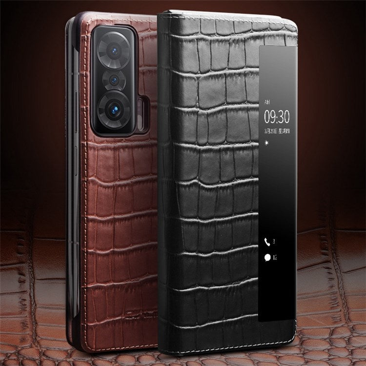 QIALINO For Honor Magic V View Window Crocodile Texture Genuine Cowhide Leather Stand Case Phone Shell with Auto Wake/Sleep - Brown