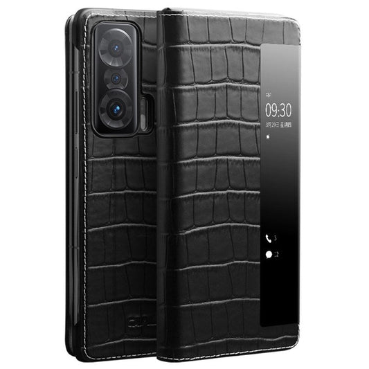 QIALINO For Honor Magic V View Window Crocodile Texture Genuine Cowhide Leather Stand Case Phone Shell with Auto Wake/Sleep - Black