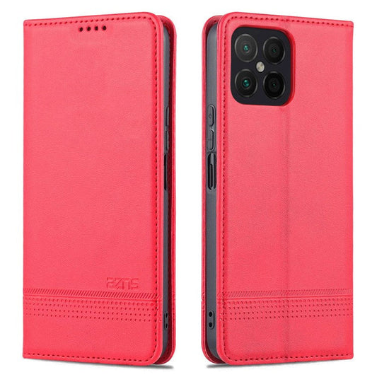 AZNS for Honor X8 4G PU Leather Flip Protective Cover Stand Magnetic Auto-absorbed TPU Shockproof Inner Case with Wallet Function - Red