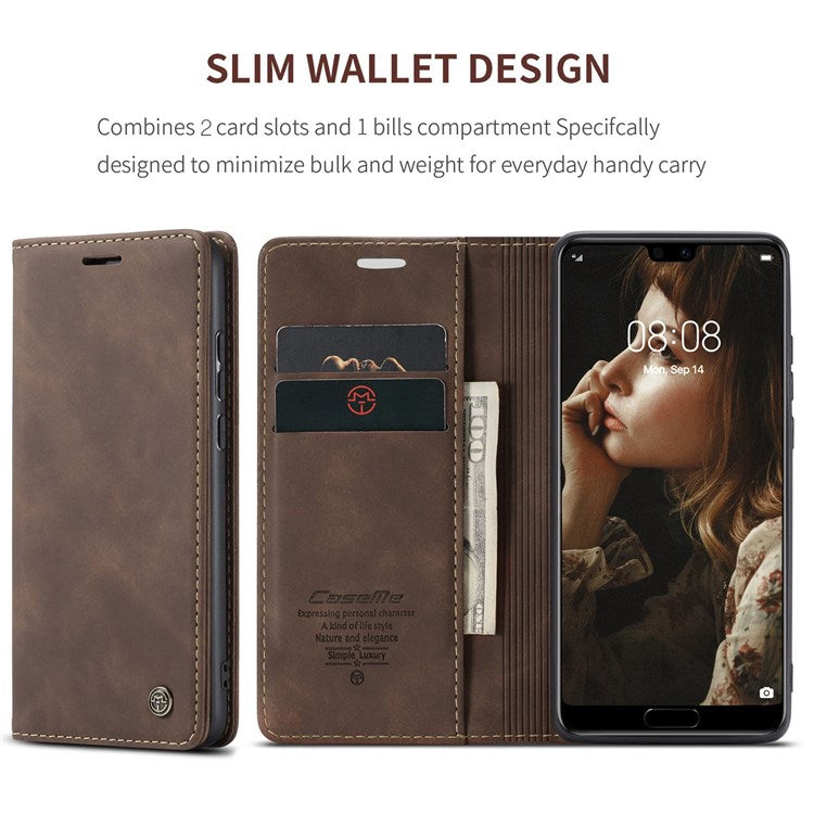 CASEME 013 Series For Huawei P20 Foldable Stand Phone Cover Auto-absorbed PU Leather Wallet Phone Case - Coffee