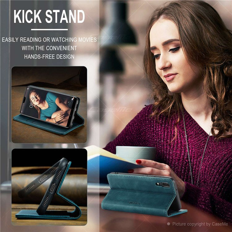 CASEME 013 Series For Huawei P20 Foldable Stand Phone Cover Auto-absorbed PU Leather Wallet Phone Case - Blue