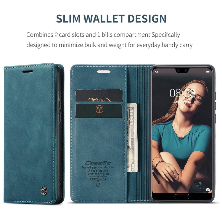 CASEME 013 Series For Huawei P20 Foldable Stand Phone Cover Auto-absorbed PU Leather Wallet Phone Case - Blue