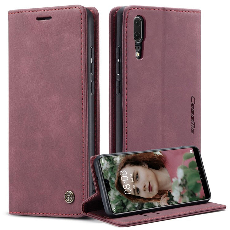 CASEME 013 Series For Huawei P20 Foldable Stand Phone Cover Auto-absorbed PU Leather Wallet Phone Case - Wine Red