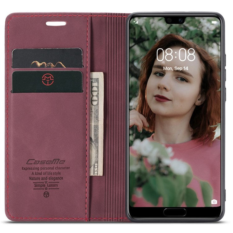CASEME 013 Series For Huawei P20 Foldable Stand Phone Cover Auto-absorbed PU Leather Wallet Phone Case - Wine Red