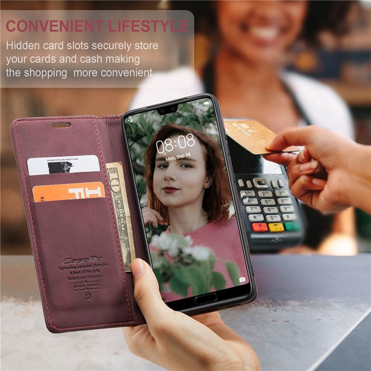 CASEME 013 Series For Huawei P20 Foldable Stand Phone Cover Auto-absorbed PU Leather Wallet Phone Case - Wine Red