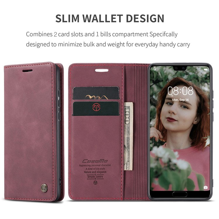 CASEME 013 Series For Huawei P20 Foldable Stand Phone Cover Auto-absorbed PU Leather Wallet Phone Case - Wine Red