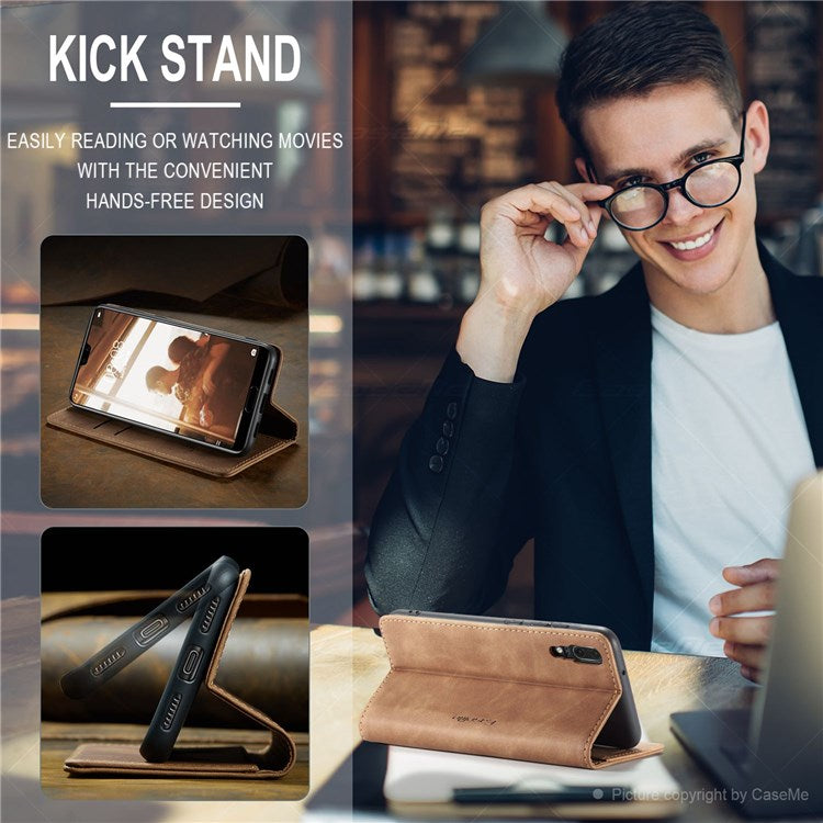 CASEME 013 Series For Huawei P20 Foldable Stand Phone Cover Auto-absorbed PU Leather Wallet Phone Case - Brown