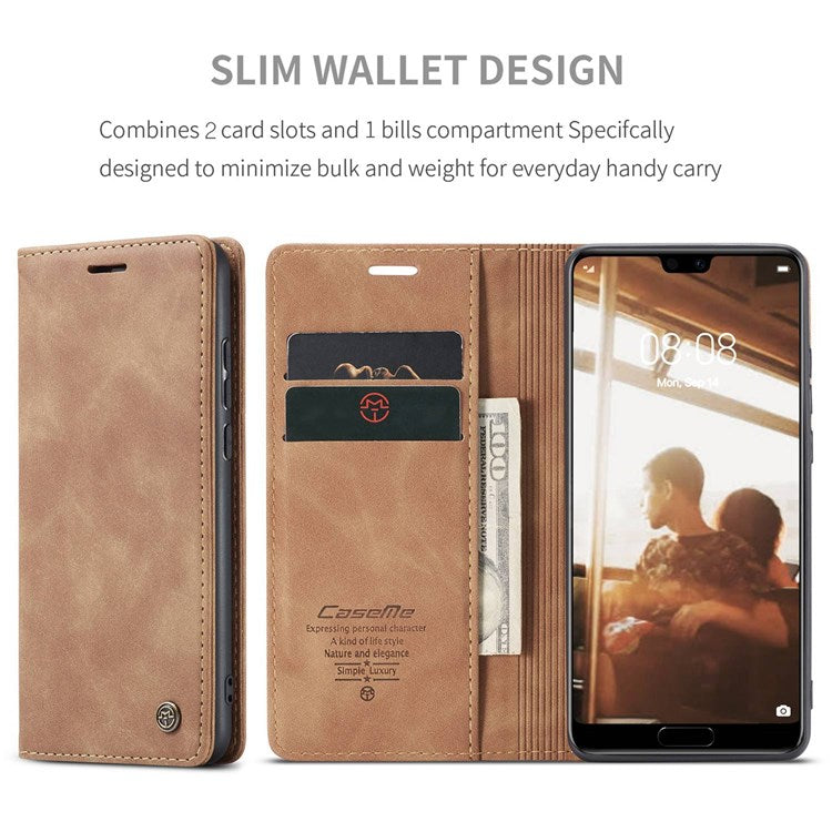 CASEME 013 Series For Huawei P20 Foldable Stand Phone Cover Auto-absorbed PU Leather Wallet Phone Case - Brown