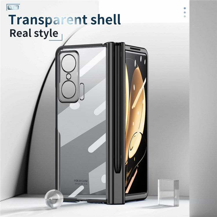 For Honor Magic V Tempered Glass Film Phone Cover Pen Slot Hinge Electroplating Folding PC Case with Stylus Pen - Black