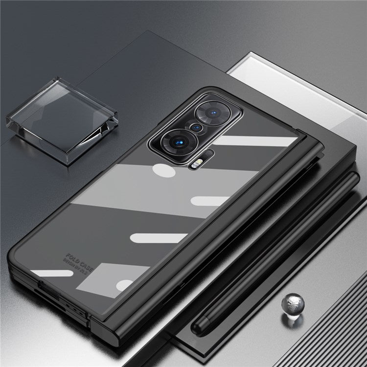 For Honor Magic V Tempered Glass Film Phone Cover Pen Slot Hinge Electroplating Folding PC Case with Stylus Pen - Black