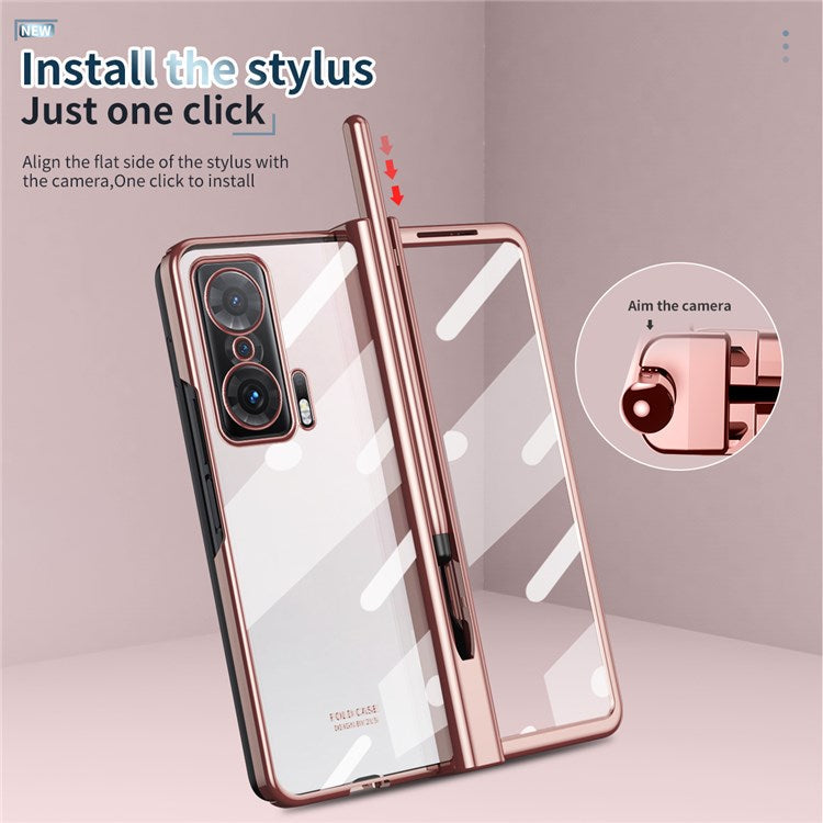 For Honor Magic V Tempered Glass Film Phone Cover Pen Slot Hinge Electroplating Folding PC Case with Stylus Pen - Pink