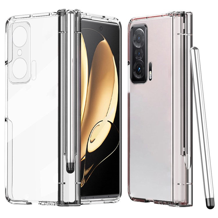 For Honor Magic V Tempered Glass Film Phone Cover Pen Slot Hinge Electroplating Folding PC Case with Stylus Pen - Transparent