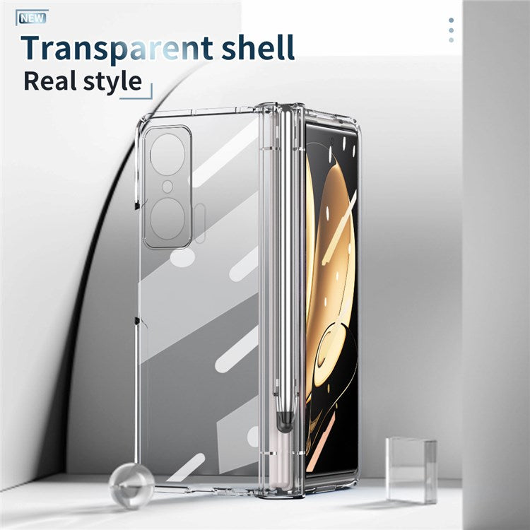 For Honor Magic V Tempered Glass Film Phone Cover Pen Slot Hinge Electroplating Folding PC Case with Stylus Pen - Transparent