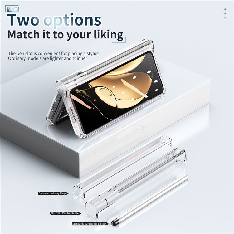 For Honor Magic V Tempered Glass Film Phone Cover Pen Slot Hinge Electroplating Folding PC Case with Stylus Pen - Transparent