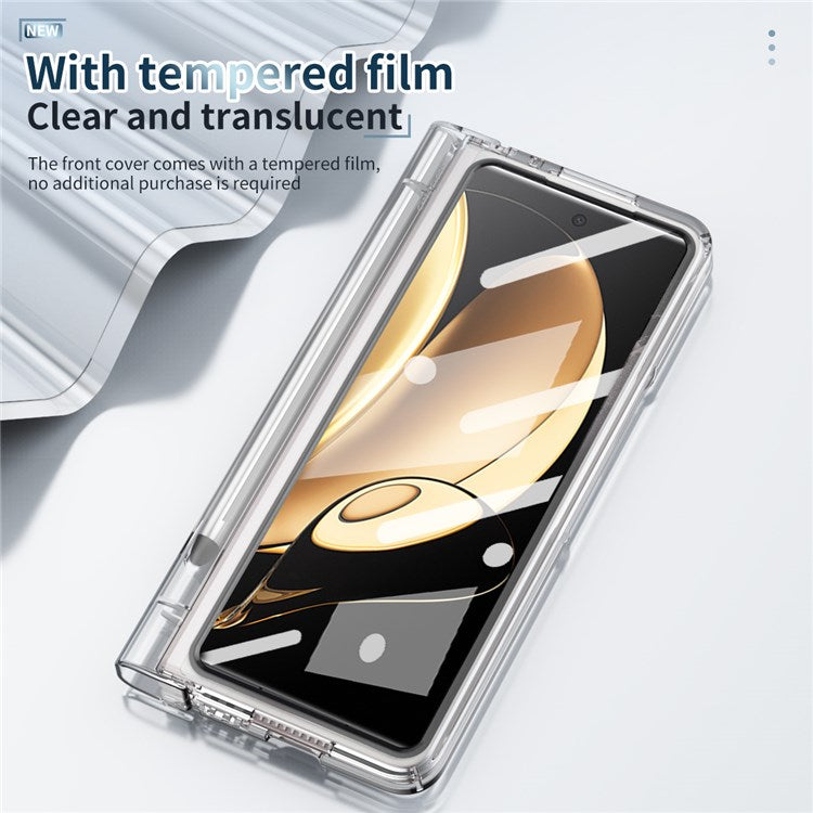 For Honor Magic V Tempered Glass Film Phone Cover Pen Slot Hinge Electroplating Folding PC Case with Stylus Pen - Transparent