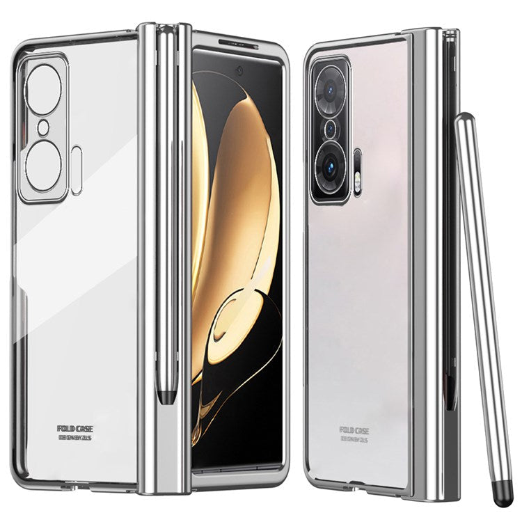 For Honor Magic V Tempered Glass Film Phone Cover Pen Slot Hinge Electroplating Folding PC Case with Stylus Pen - Silver