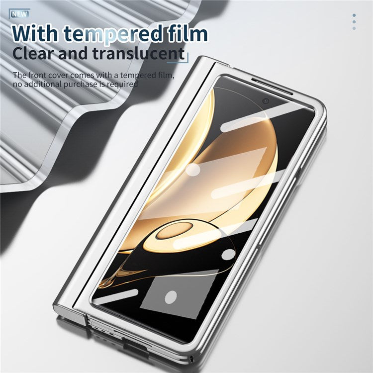 For Honor Magic V Tempered Glass Film Phone Cover Pen Slot Hinge Electroplating Folding PC Case with Stylus Pen - Silver