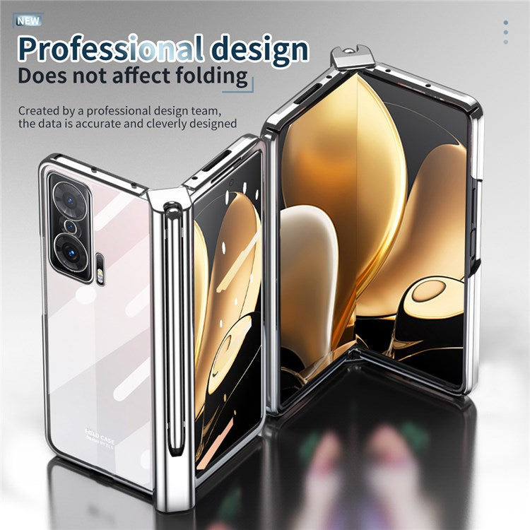 For Honor Magic V Tempered Glass Film Phone Cover Pen Slot Hinge Electroplating Folding PC Case with Stylus Pen - Silver