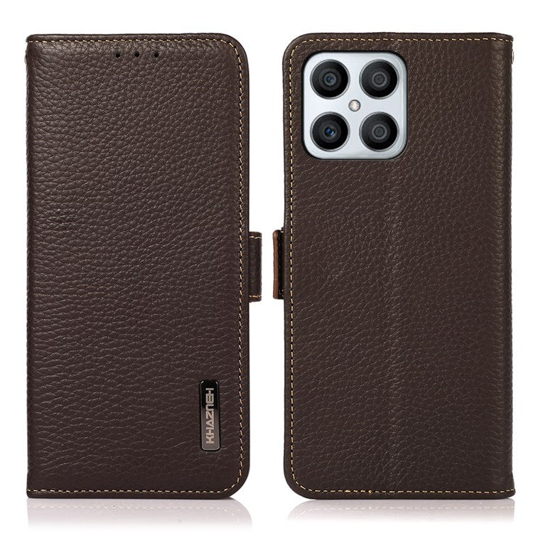 KHAZNEH For Honor X8 4G / 30i / Play6T Pro Litchi Texture Genuine Leather Wallet Flip Case Side Magnetic Clasp RFID Blocking Stand Protective Cover - Brown