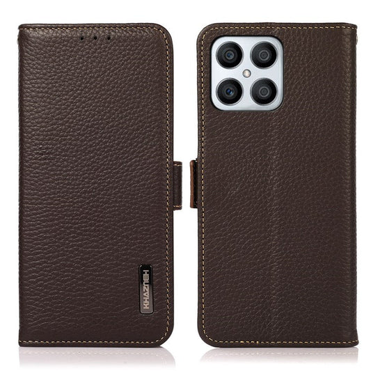 KHAZNEH For Honor X8 4G / 30i / Play6T Pro Litchi Texture Genuine Leather Wallet Flip Case Side Magnetic Clasp RFID Blocking Stand Protective Cover - Brown