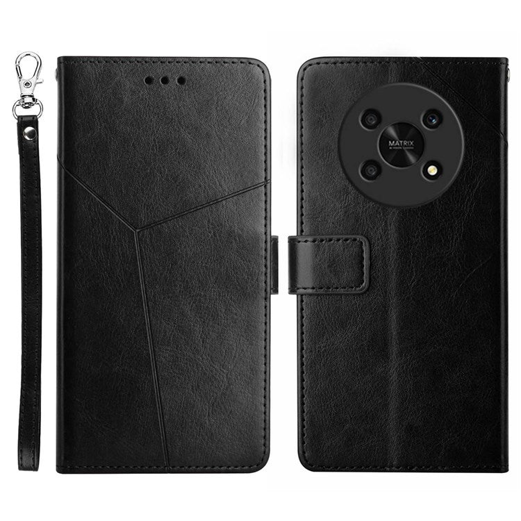 HT01 For Honor Magic 4 Lite 5G Cell Phone Cover Bag PU Leather Y-Shaped Lines Imprinting Wallet Stand Phone Case - Black