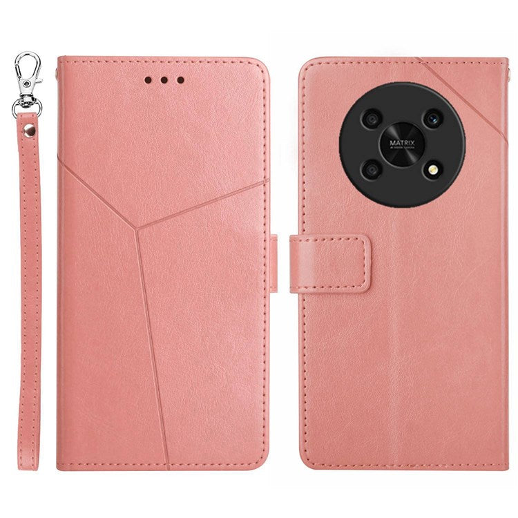 HT01 For Honor Magic 4 Lite 5G Cell Phone Cover Bag PU Leather Y-Shaped Lines Imprinting Wallet Stand Phone Case - Pink
