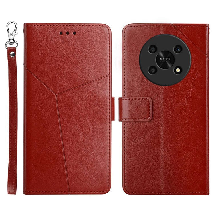 HT01 For Honor Magic 4 Lite 5G Cell Phone Cover Bag PU Leather Y-Shaped Lines Imprinting Wallet Stand Phone Case - Brown