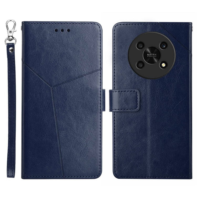 HT01 For Honor Magic 4 Lite 5G Cell Phone Cover Bag PU Leather Y-Shaped Lines Imprinting Wallet Stand Phone Case - Blue